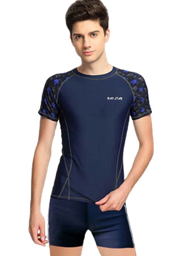 2-Piece Printed Short Sleeves Swimwear Set Blue/Grey