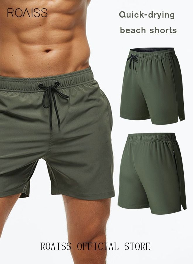 Men's Swimming Trunks Beachwear Quick Dry Beach Pants Gym Wear Fitness Workout Short Sports Running Boxer Swim Shorts Swimsuit Summer Green