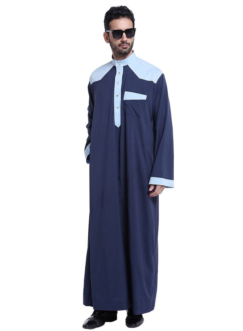 Men's Stand Collar Long Sleeve Casual Kandora Islamic Arabic Kaftan Thobe Navy Blue