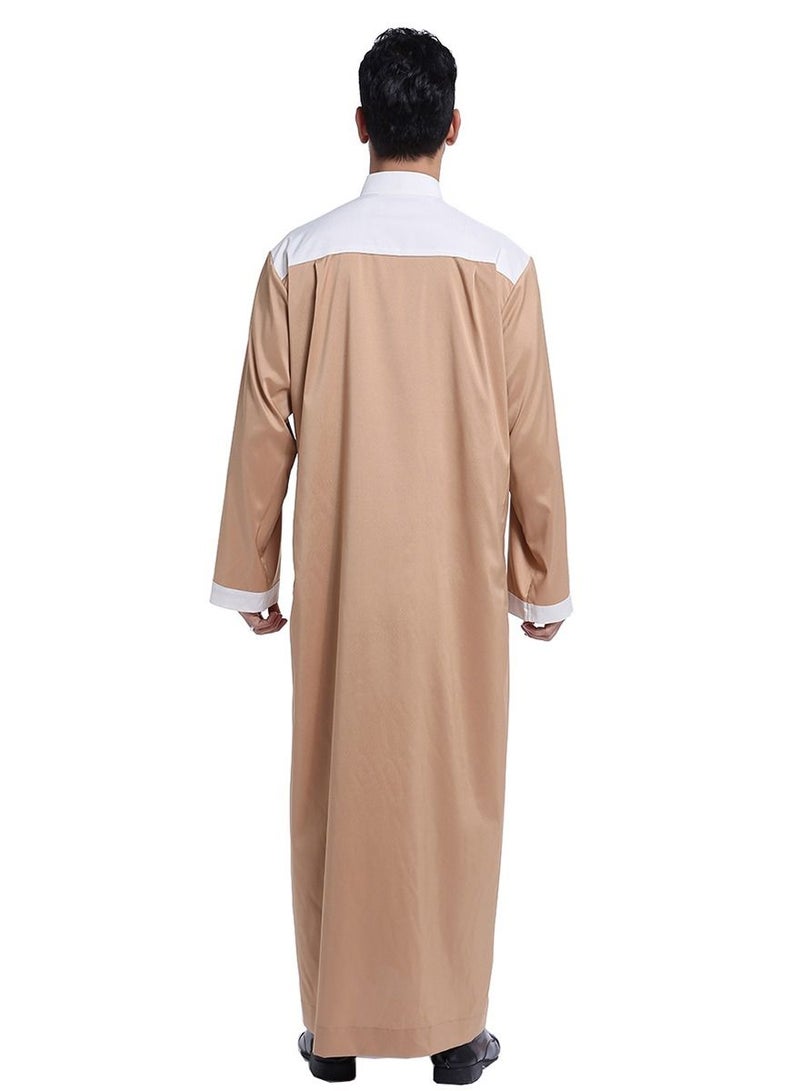 Men's Stand Collar Long Sleeve Casual Kandora Islamic Arabic Kaftan Thobe Camel/White