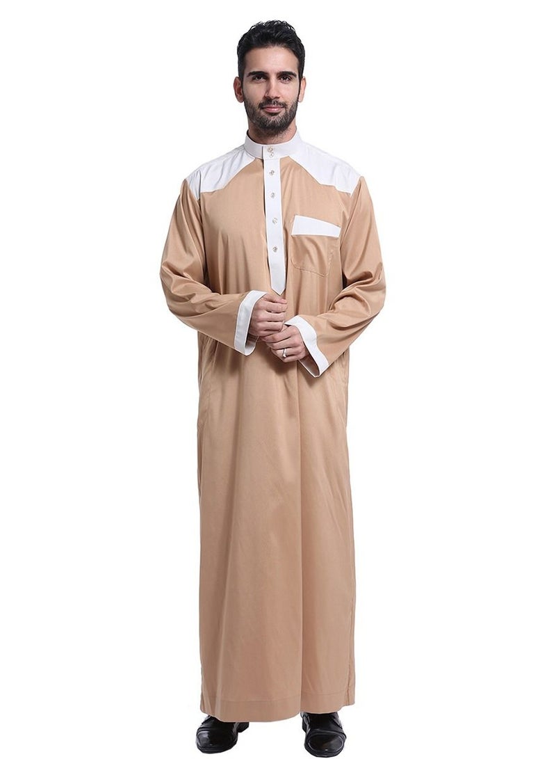 Men's Stand Collar Long Sleeve Casual Kandora Islamic Arabic Kaftan Thobe Camel/White