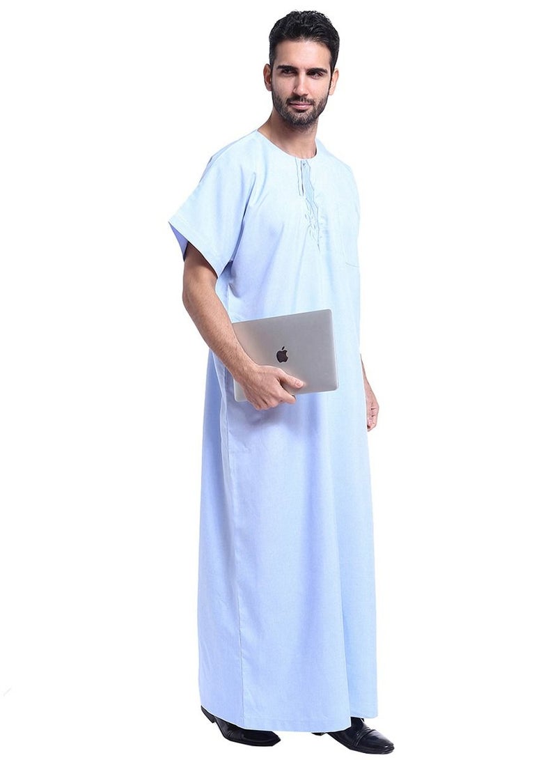 Men's Short Sleeve Kandora Islamic Arabic Kaftan Robe Sky Blue