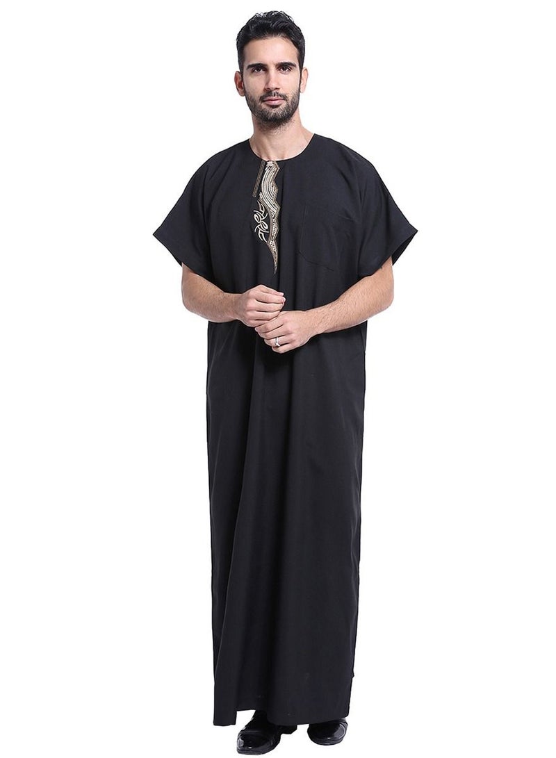 Men's Short Sleeve Kandora Islamic Arabic Kaftan Robe Black