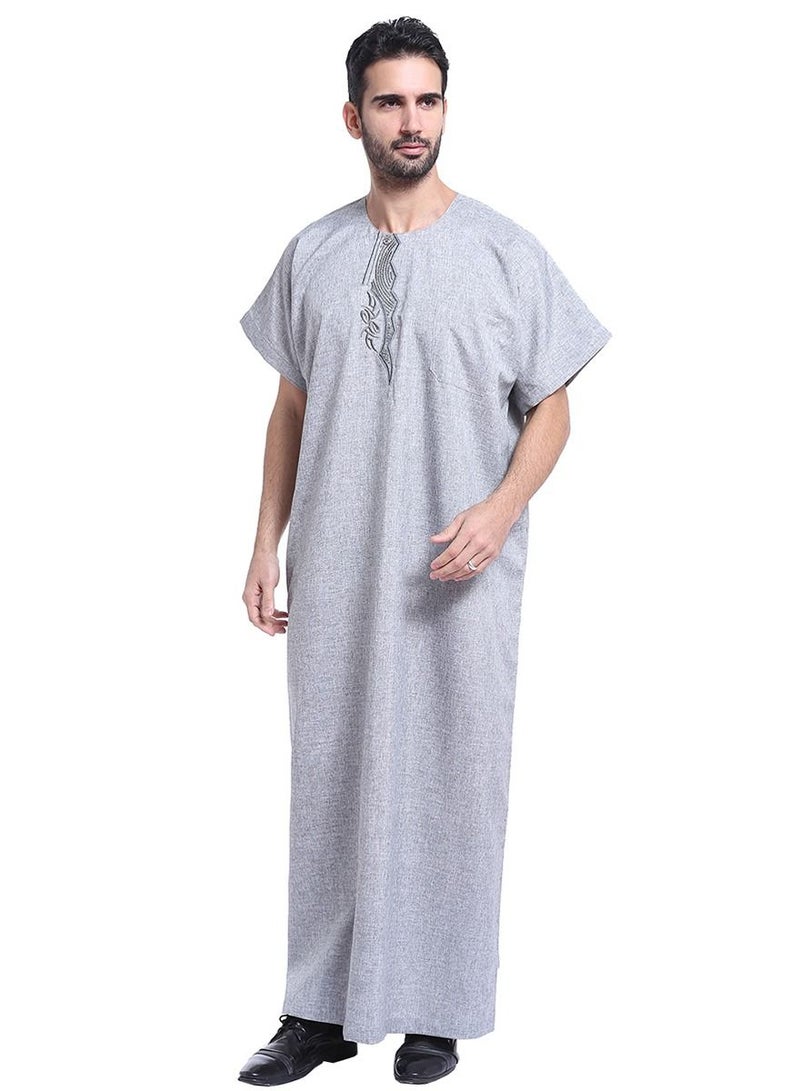 Men's Short Sleeve Kandora Islamic Arabic Kaftan Robe Grey