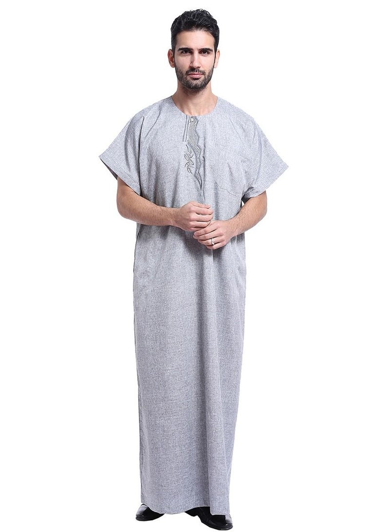 Men's Short Sleeve Kandora Islamic Arabic Kaftan Robe Grey