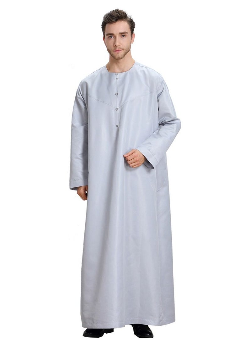 Men's Round Neck Solid Color Full Length Kandora Islamic Arabic Long Sleeve Kaftan Robe Grey