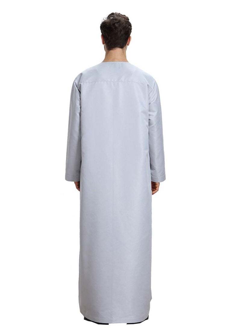 Men's Round Neck Solid Color Full Length Kandora Islamic Arabic Long Sleeve Kaftan Robe Grey