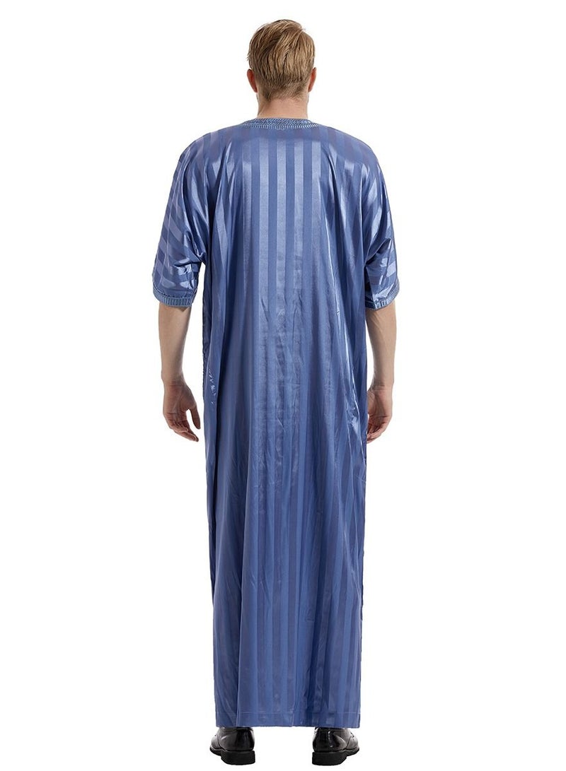 Men's Solid Color Short Sleeve Kandora Islamic Arabic Embroidery Kaftan Robe Light Blue