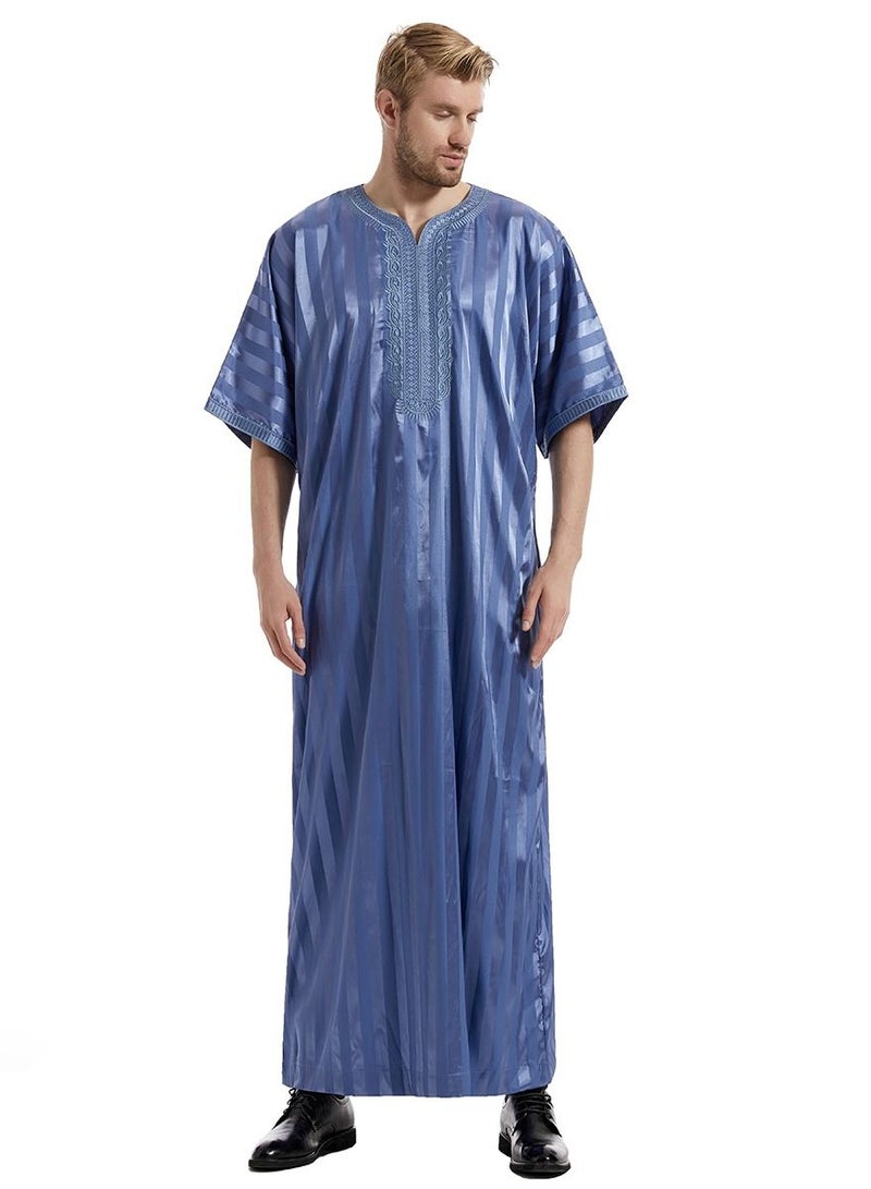 Men's Solid Color Short Sleeve Kandora Islamic Arabic Embroidery Kaftan Robe Light Blue