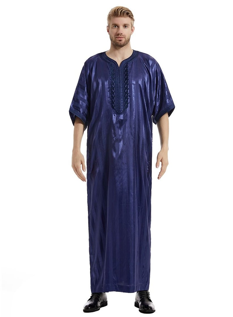 Men's Solid Color Short Sleeve Kandora Islamic Arabic Embroidery Kaftan Robe Navy Blue