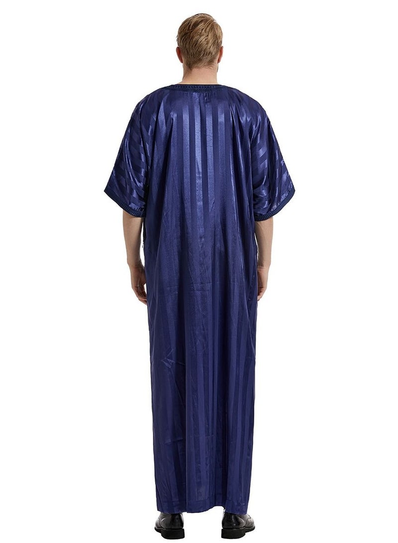 Men's Solid Color Short Sleeve Kandora Islamic Arabic Embroidery Kaftan Robe Navy Blue