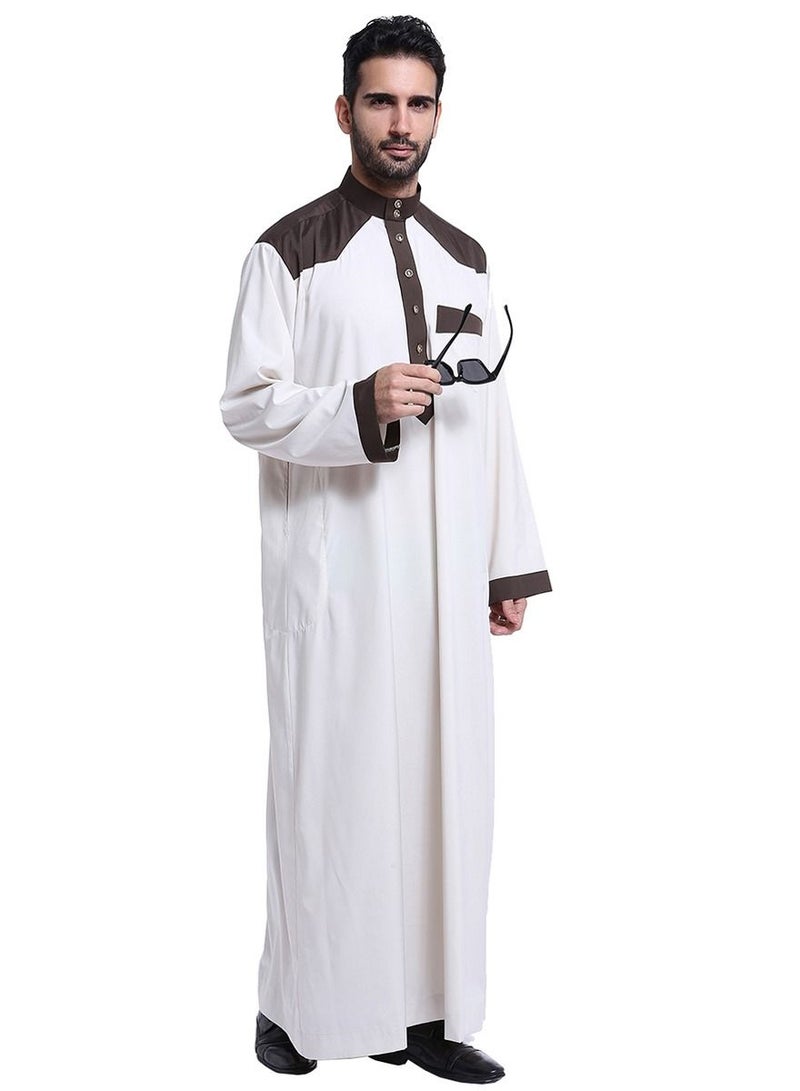 Men's Stand Collar Long Sleeve Casual Kandora Islamic Arabic Kaftan Thobe Ivory/Coffee