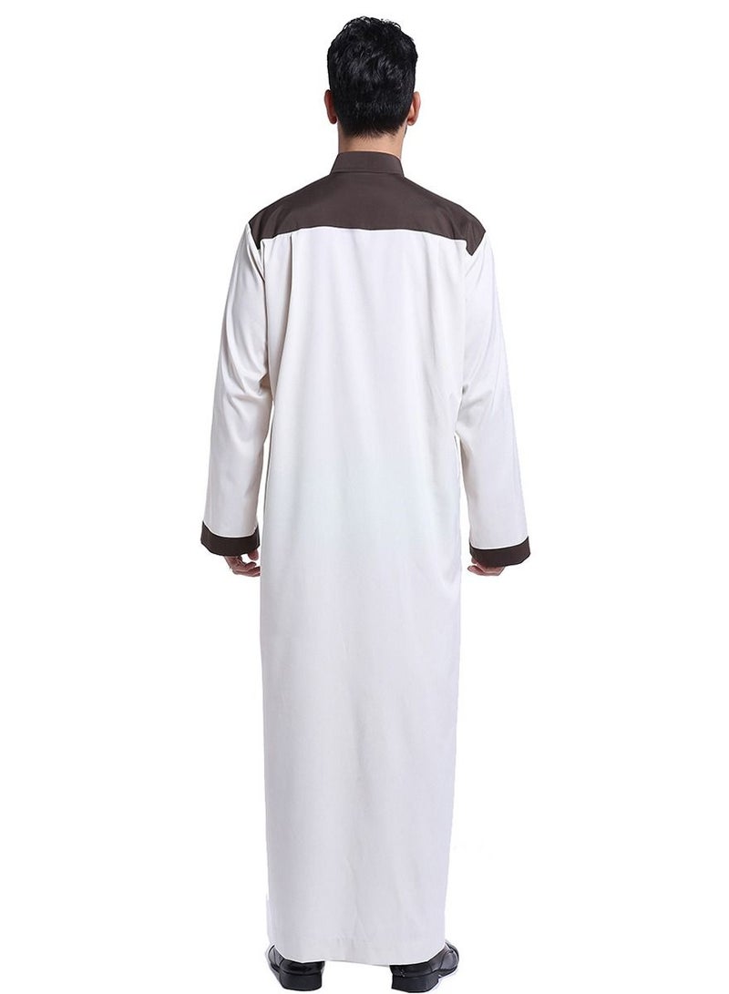 Men's Stand Collar Long Sleeve Casual Kandora Islamic Arabic Kaftan Thobe Ivory/Coffee