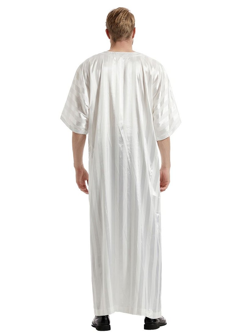 Men's Solid Color Short Sleeve Kandora Islamic Arabic Embroidery Kaftan Robe White