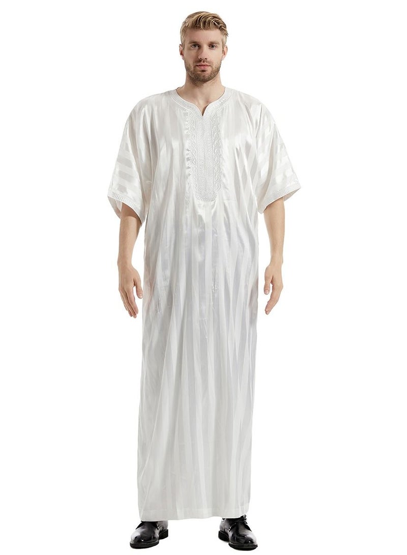 Men's Solid Color Short Sleeve Kandora Islamic Arabic Embroidery Kaftan Robe White