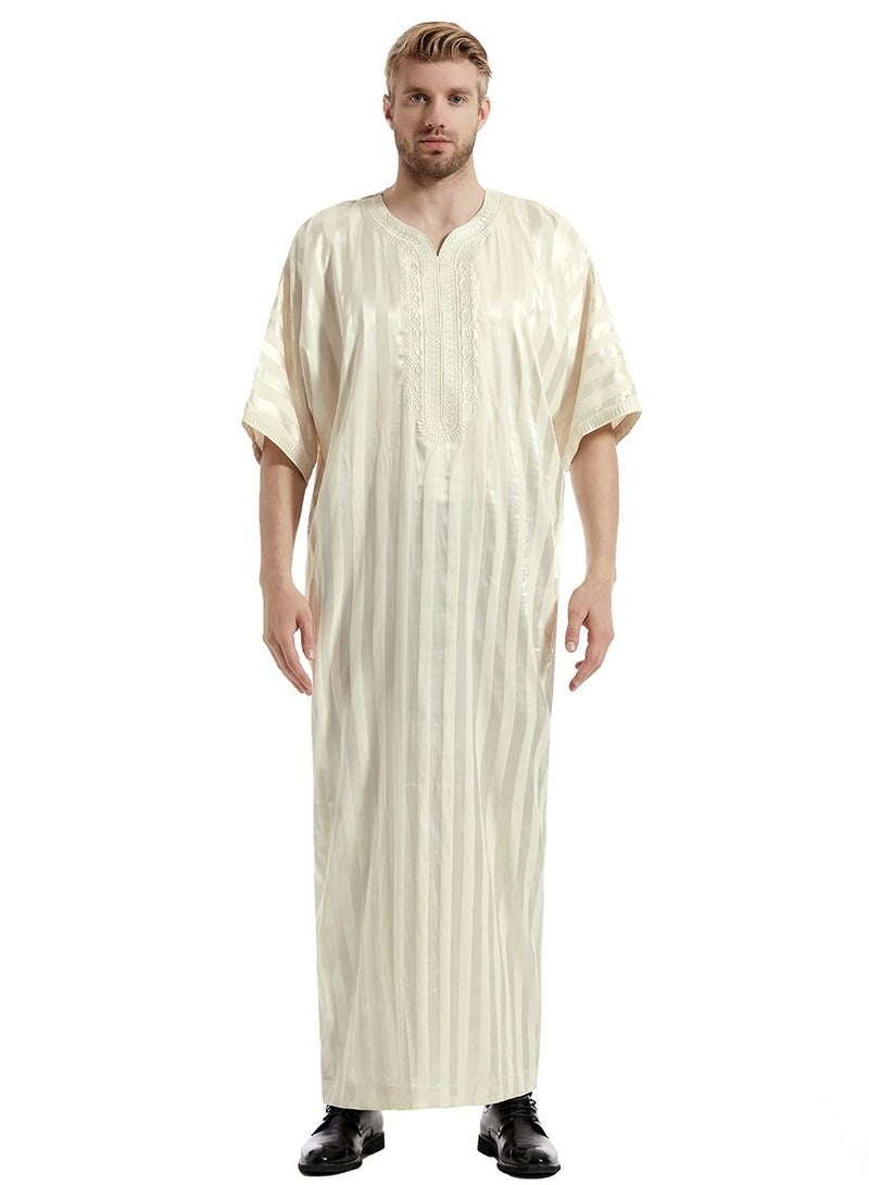 Men's Solid Color Short Sleeve Kandora Islamic Arabic Embroidery Kaftan Robe Light Beige