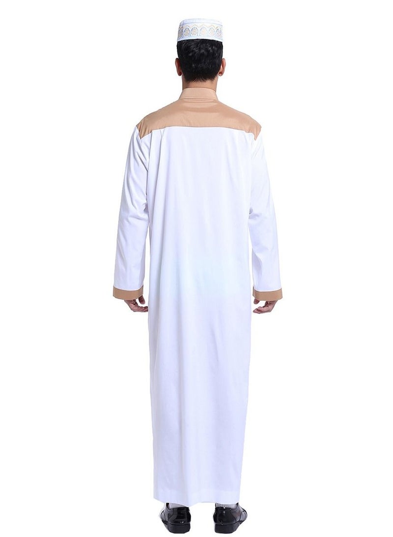 Men's Stand Collar Long Sleeve Casual Kandora Islamic Arabic Kaftan Thobe White/Brown