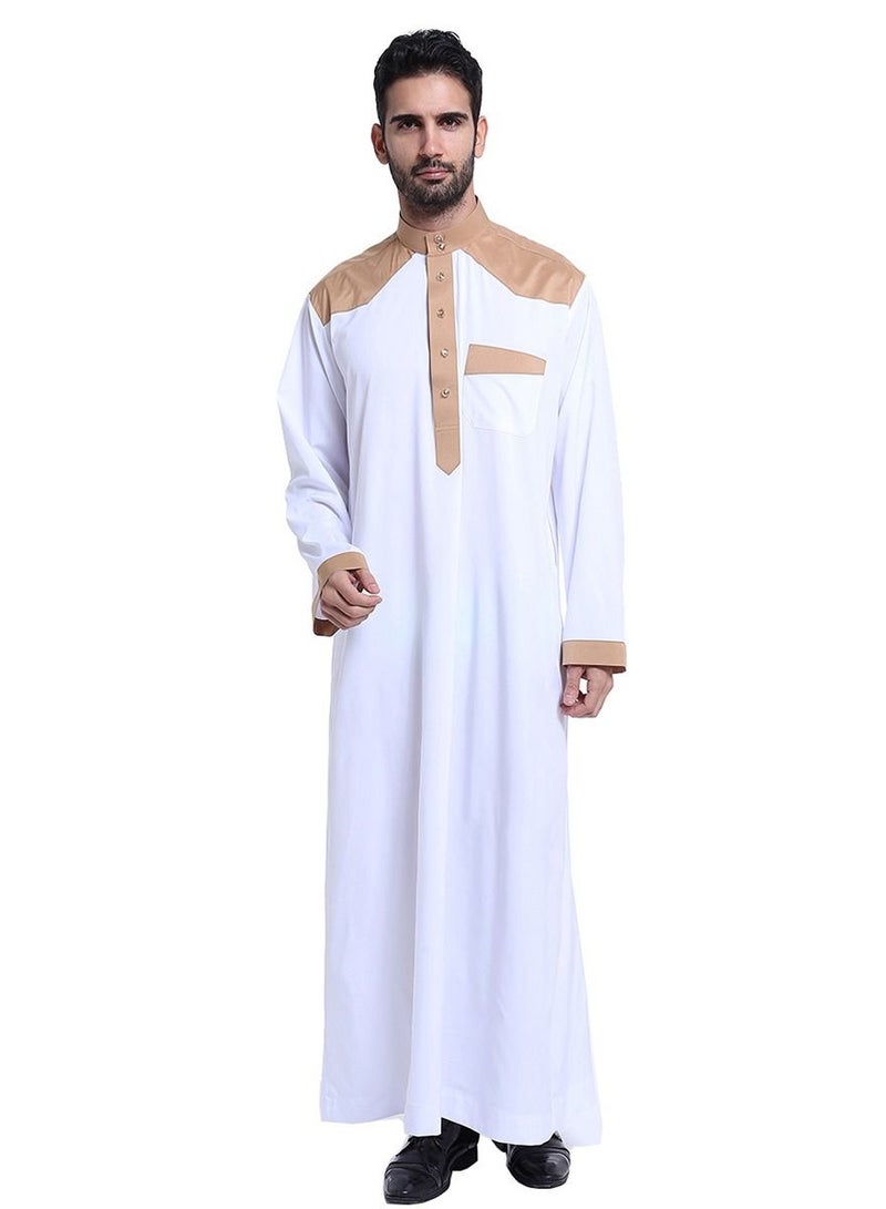 Men's Stand Collar Long Sleeve Casual Kandora Islamic Arabic Kaftan Thobe White/Brown