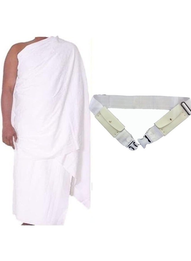 Men's Hajj Umrah clothing Ihram 100% Cotton Super Soft 2 Pcs Towel Set.43X86 inch New Dry Fast Microfiber Woven Technology 1 Waterproof With Non Stitched White Belt.