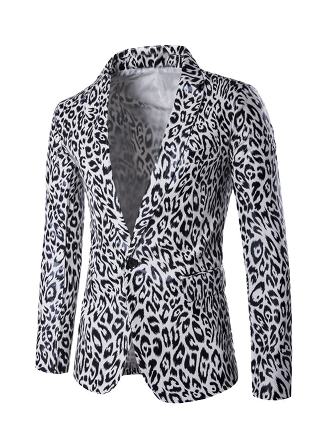 Lapel Leopard One Button Long Sleeve Blazer Black/White