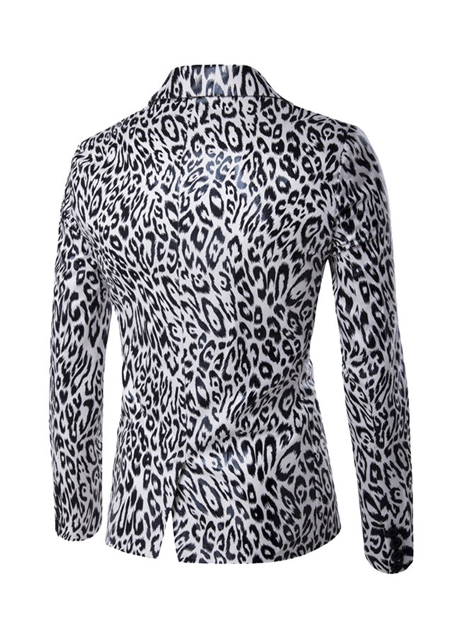 Lapel Leopard One Button Long Sleeve Blazer Black/White