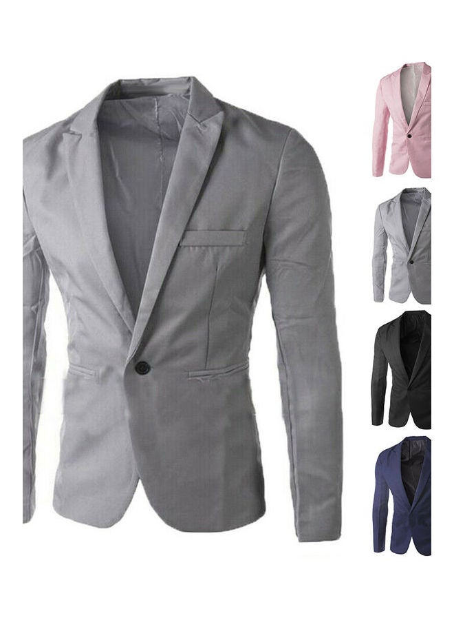 Men Solid Colour Long Sleeve Lapel One Button Pocket Blazer Slim Fit Suit Coat Gray