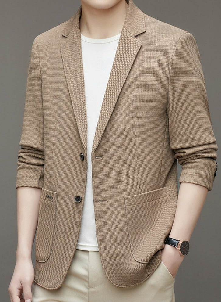 Mens Suit Collar Coats Casual Slim Fit Knitting Suit Jacket Lightweight Business 2 Button Blazers Khaki