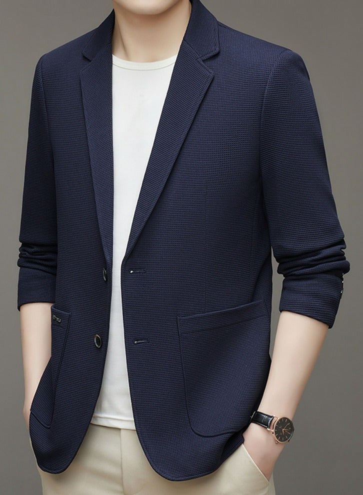 Mens Suit Collar Coats Casual Slim Fit Knitting Suit Jacket Lightweight Business 2 Button Blazers Navy Blue