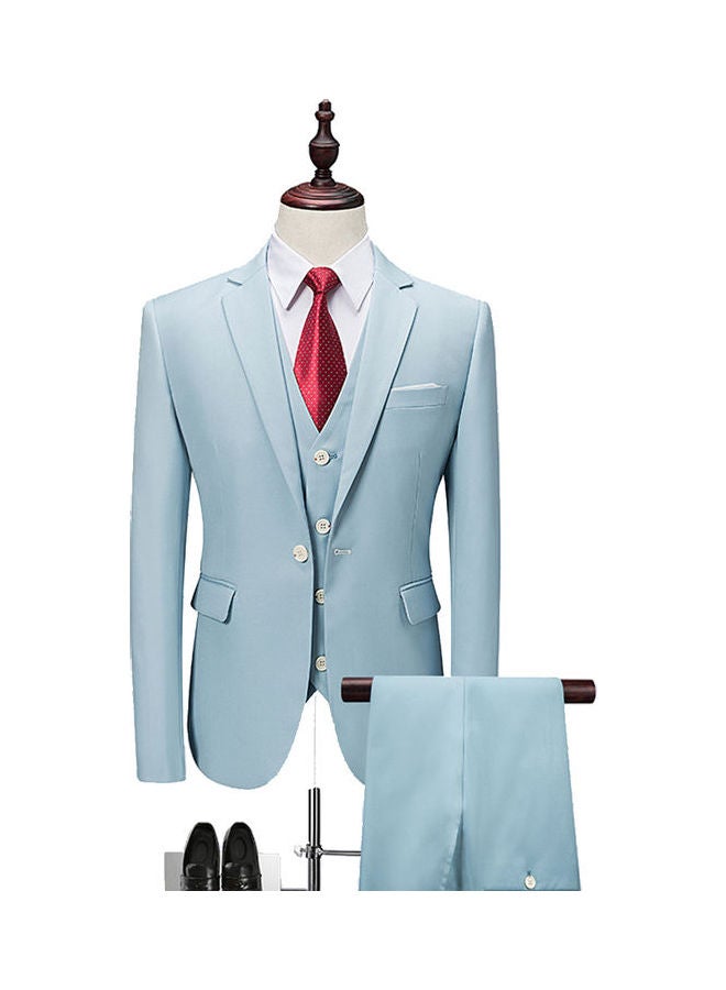 Set Of 3 Pieces Men Lapel V-Neck Suit And Vest And Pants Slim Solid Color Wedding Groom Formal Outfit Cadet Blue