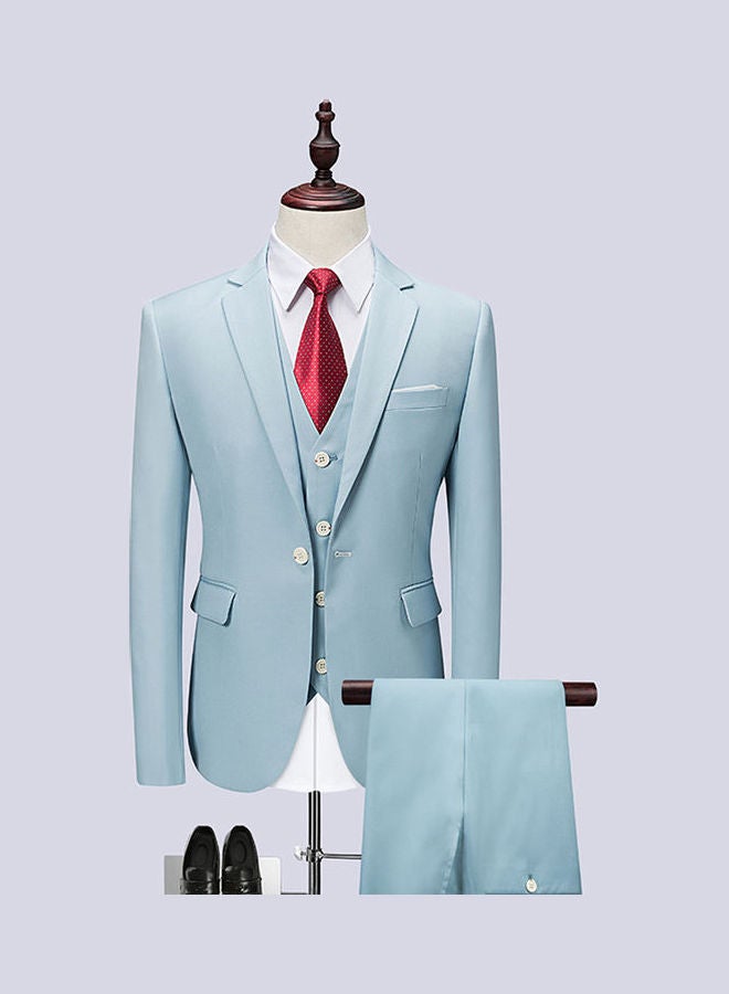 Set Of 3 Pieces Men Lapel V-Neck Suit And Vest And Pants Slim Solid Color Wedding Groom Formal Outfit Cadet Blue