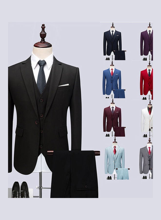 Set Of 3 Pieces Men Lapel V-Neck Suit And Vest And Pants Slim Solid Color Wedding Groom Formal Outfit Burgundy Red