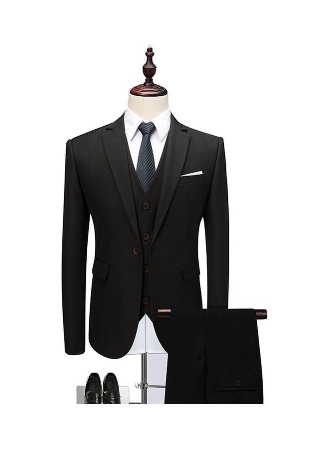 Set Of 3 Pieces Men Lapel V-neck Suit And Vest And Pants Slim Solid Color Wedding Groom Formal Outfit Reven Black