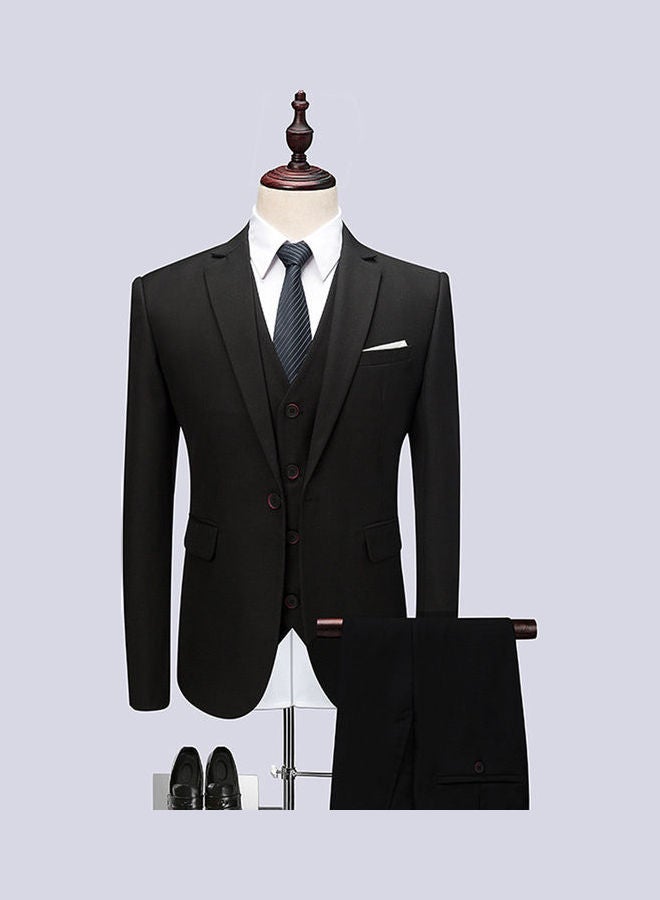 Set Of 3 Pieces Men Lapel V-neck Suit And Vest And Pants Slim Solid Color Wedding Groom Formal Outfit Reven Black