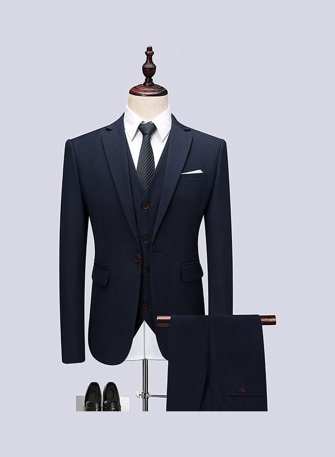 Set Of 3 Pieces Men Lapel V-Neck Suit And Vest And Pants Slim Solid Color Wedding Groom Formal Outfit Azure Blue