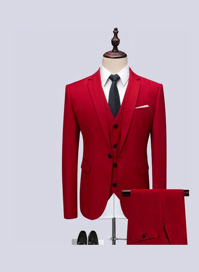 Set Of 3 Pieces Men Lapel V-Neck Suit And Vest And Pants Slim Solid Color Wedding Groom Formal Outfit Blood Red