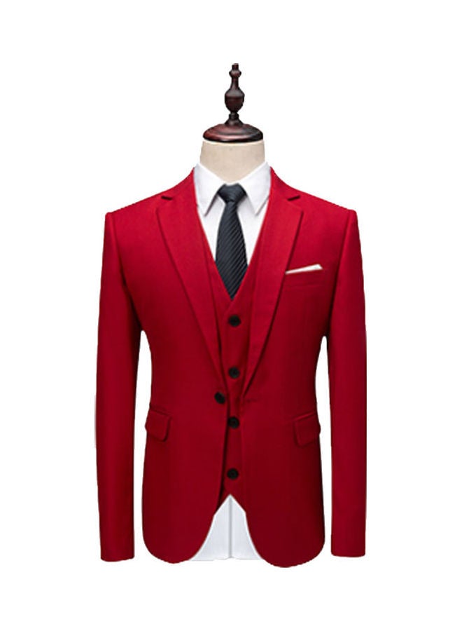 Set Of 3 Pieces Men Lapel V-Neck Suit And Vest And Pants Slim Solid Color Wedding Groom Formal Outfit Blood Red