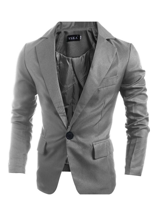 Men Slim Single Button Lapel Suit V-Neck Simple Solid Color Casual Wedding Groom Coat Gray