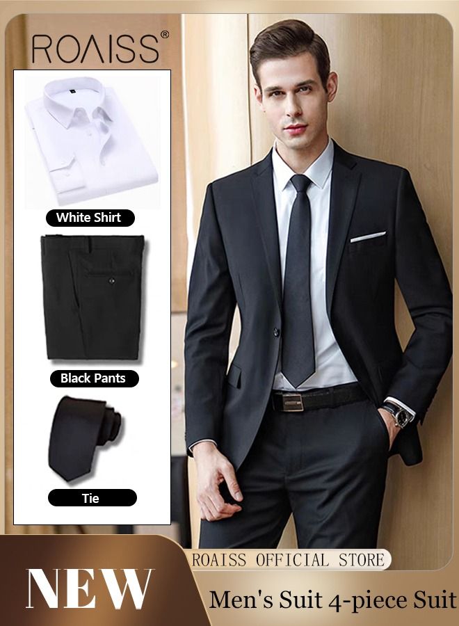 4Pcs Suit of Formal Clothes Men's Business Casual Coat Groomsman Suit Professional Dress Lapel Collar One Single-Breasted Buttons