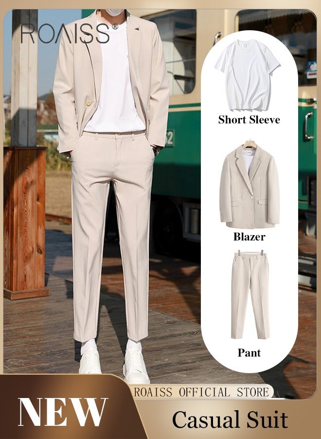 Mens Suits 3 Piece Regular Slim Fit Leisure Suit for Men with Double Breasted 1 Button Notched Neck Business Casual Formal Blazers T Shirt and TrouserSet