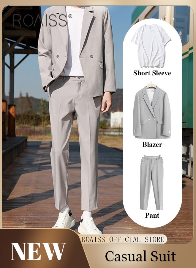 Mens Suits 3 Piece Regular Slim Fit Leisure Suit for Men with Double Breasted 1 Button Notched Neck Business Casual Formal Blazers T Shirt and TrouserSet