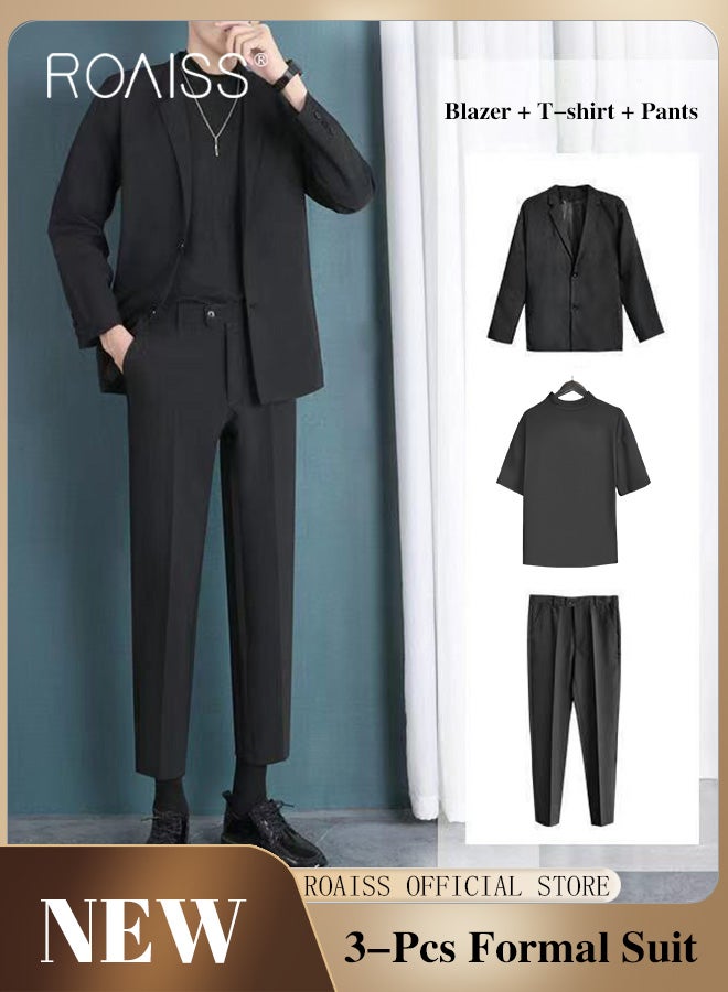 3 Pieces Leisure Suits for Men Notch Lapels Relaxed Fit Blazer T shirt and Pants Suit Light Mature Style Long Sleeve Business Casual Formal Clothes