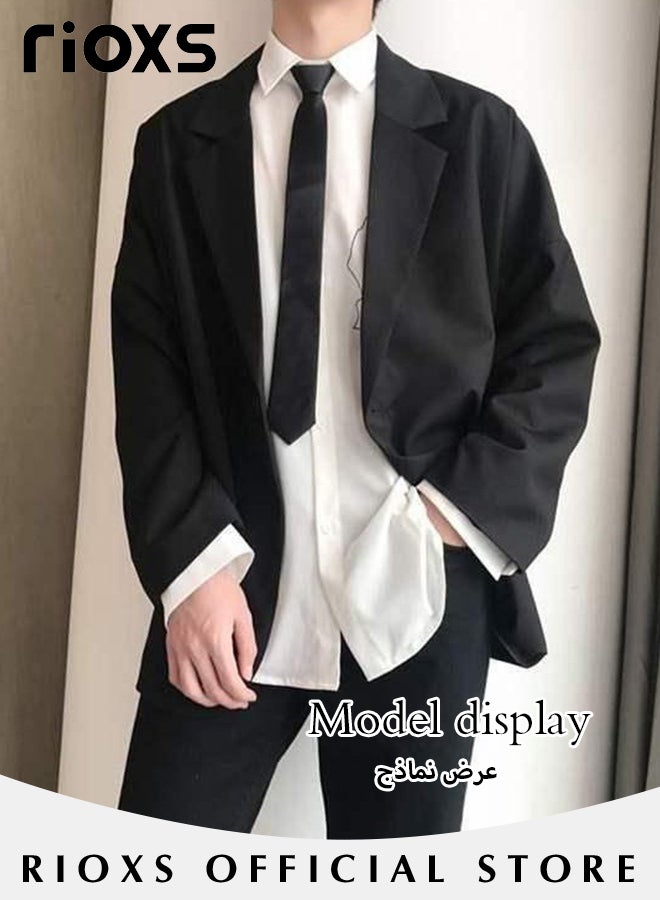 Men's 4 Pieces Fashion Loose Blazer Suit Two Buttons Loose Blazer Jacket & Long Straight Blazer Pants & Short Sleeve White Shirt & Black Tier for  Prom Fashion Party or Daily Wear