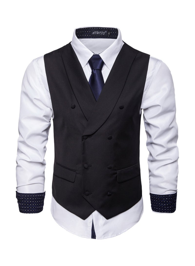 Solid Double-breasted Business Waistcoat Black