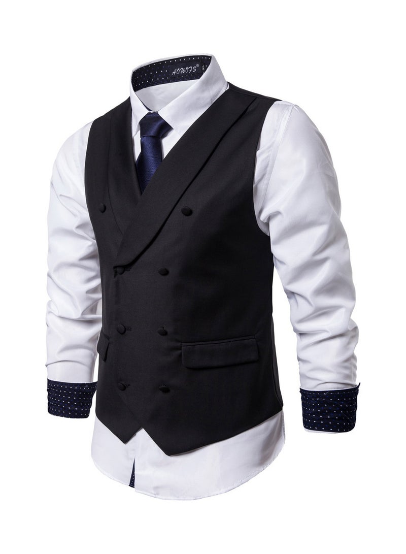 Solid Double-breasted Business Waistcoat Black