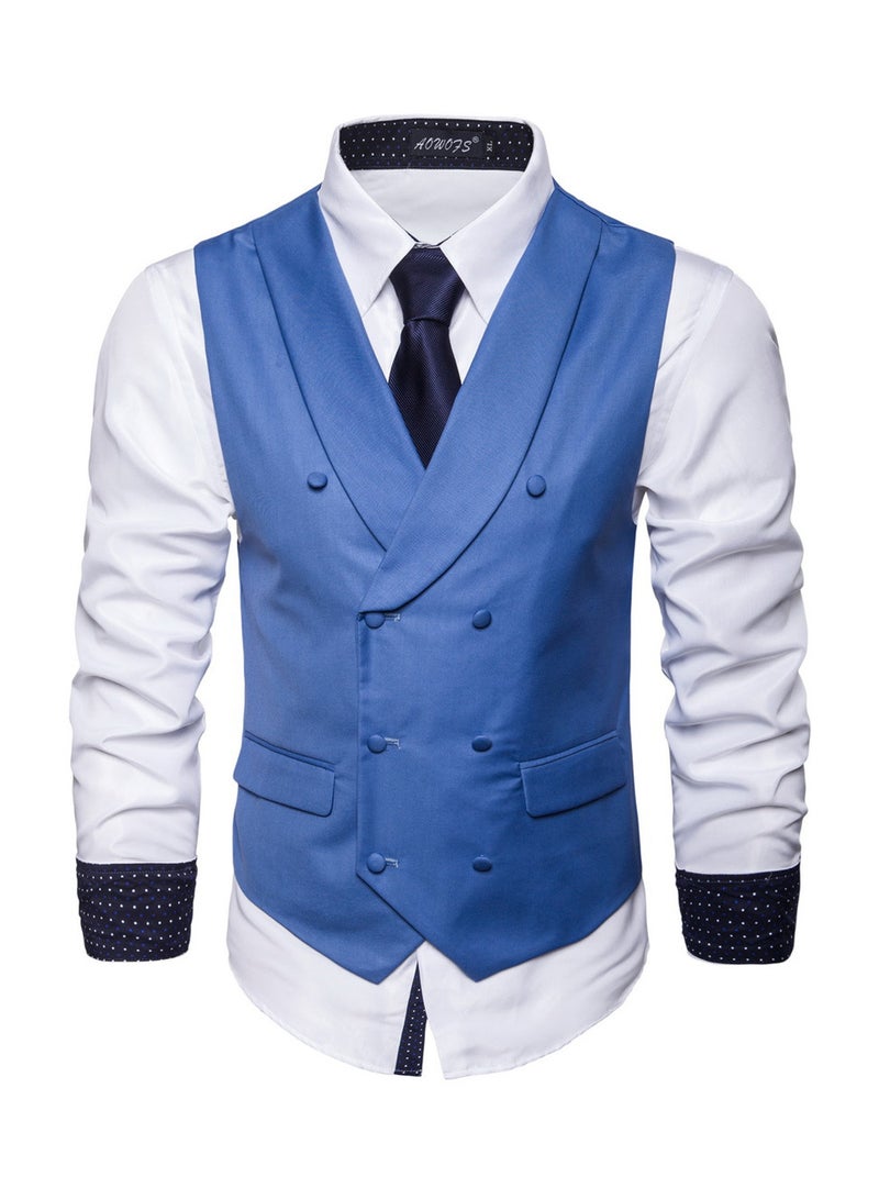 Solid Double-breasted Business Waistcoat Blue