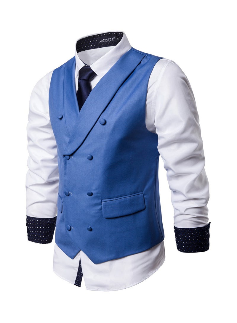 Solid Double-breasted Business Waistcoat Blue