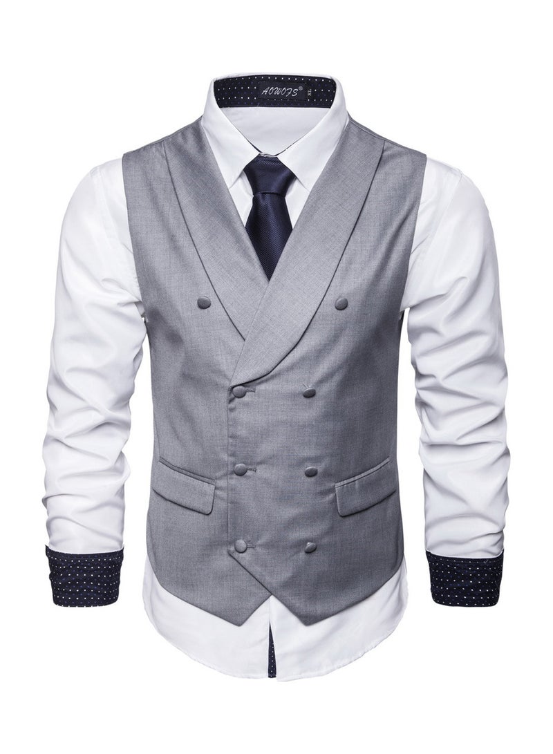 Solid Double-breasted Business Waistcoat Grey