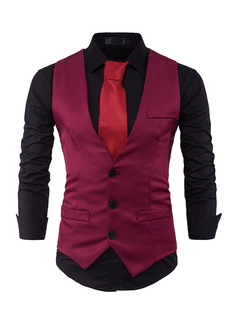 Solid Single Row Three Button Waistcoat Red