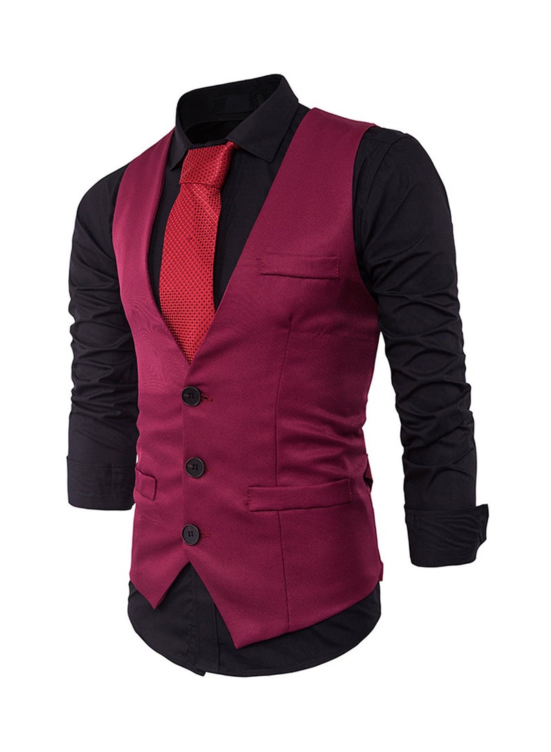 Solid Single Row Three Button Waistcoat Red