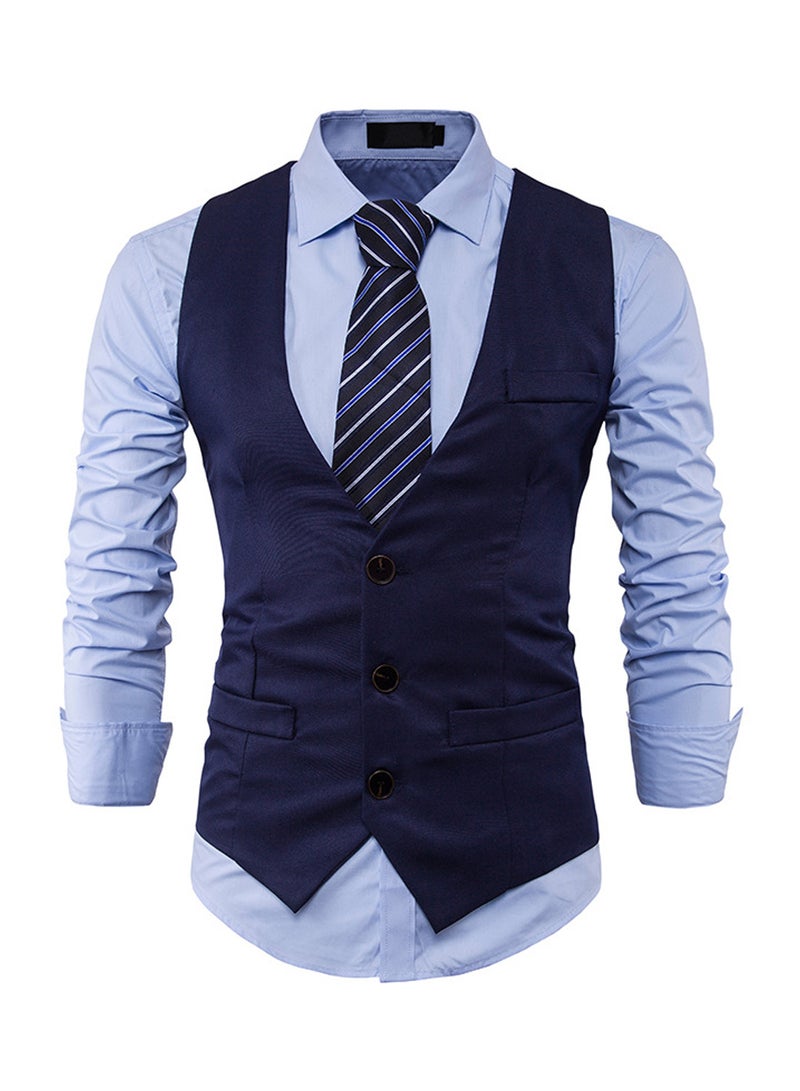 Solid Single Row Three Button Waistcoat Navy